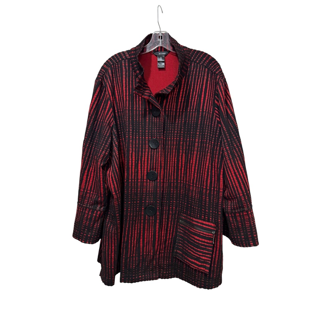 Ali Miles Womens 3X Jacket Red Black Striped Mock Neck Button Front Zip Pocket